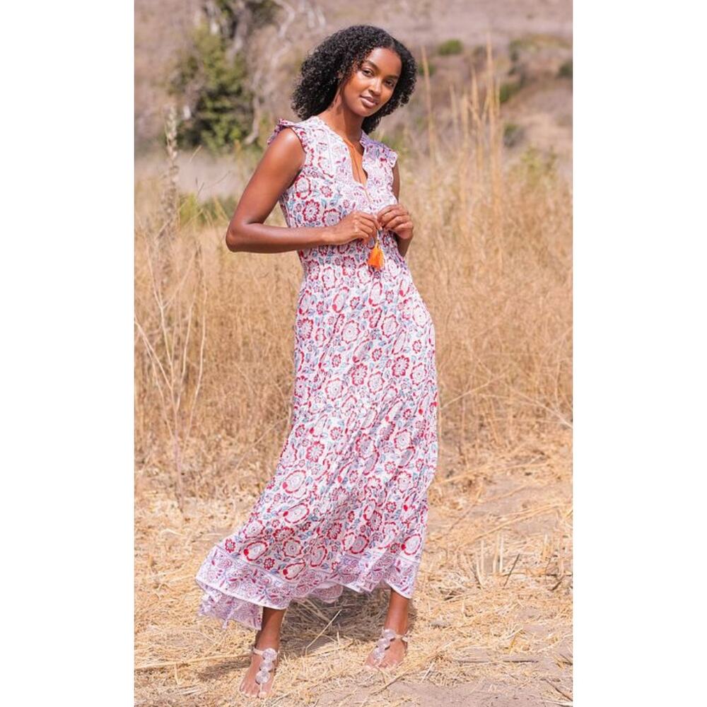 BELL by Alicia Bell Midi Sun Dress in Blue & Orange Floral Silk Print Size Large - Picture 8 of 8